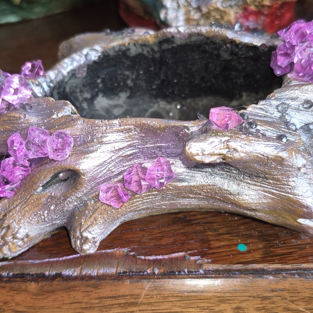 Driftwood and resin metallic painted with crystals, beads and succulents